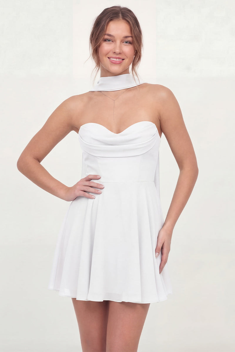 Load image into Gallery viewer, Neck Scarf Corset A Line White Strapless Short Hen Do Dress