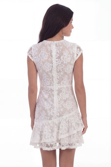 Cap Sleeves A Line Floral White Lace Short Hen Do Dress with Ruffles