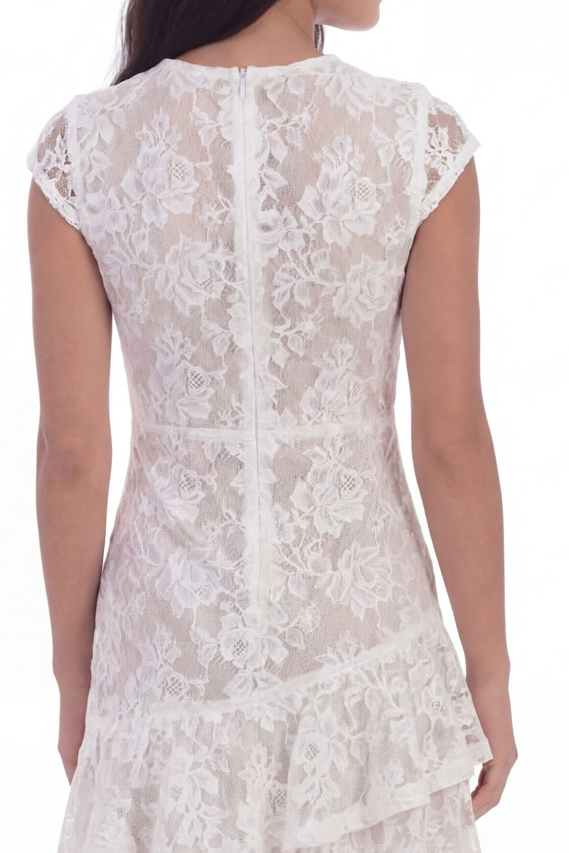 Load image into Gallery viewer, Cap Sleeves A Line Floral White Lace Short Hen Do Dress with Ruffles