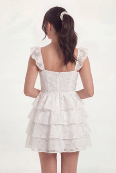 Floral White Short Lace Corset A Line Hen Do Dress with Ruffles