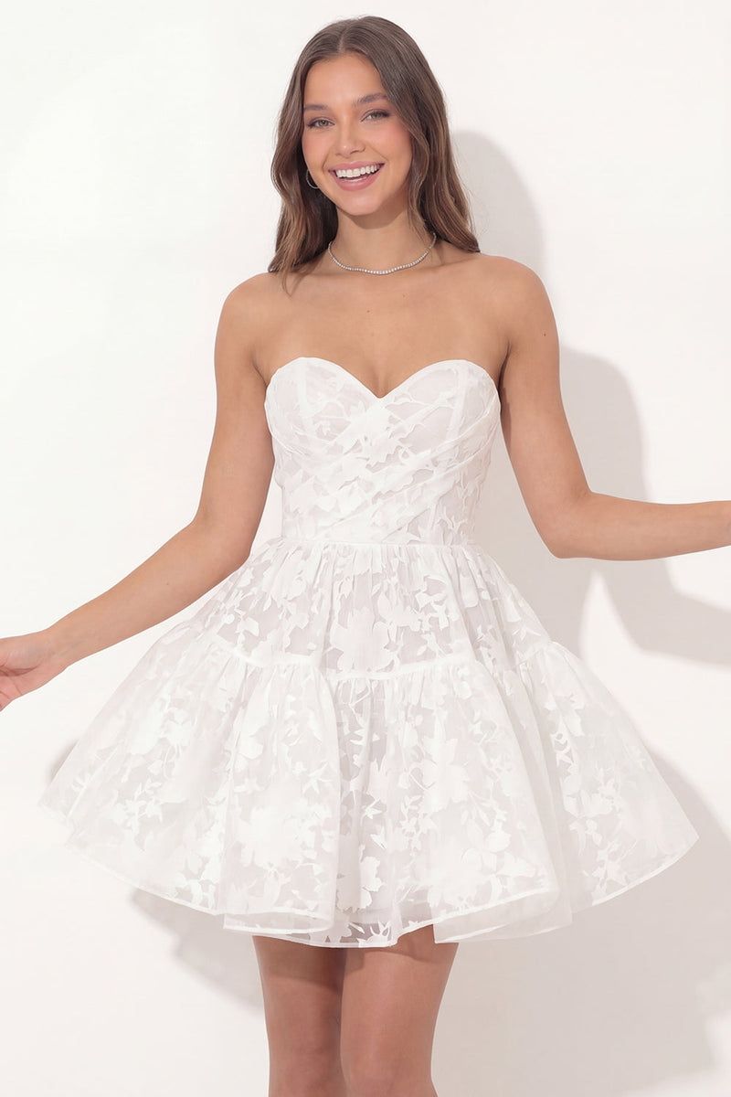 Load image into Gallery viewer, Sweetheart Corset A Line Ruched Floral Lace White Short Hen Do Dress