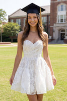 Load image into Gallery viewer, Sweetheart Corset A Line Ruched Floral Lace White Short Hen Do Dress
