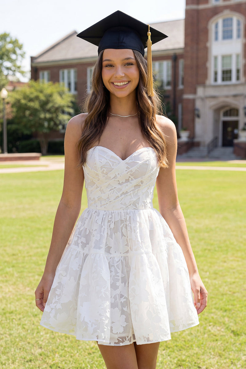 Load image into Gallery viewer, Sweetheart Corset A Line Ruched Floral Lace White Short Hen Do Dress
