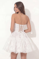 Load image into Gallery viewer, Sweetheart Corset A Line Ruched Floral Lace White Short Hen Do Dress