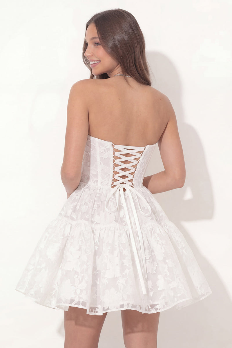Load image into Gallery viewer, Sweetheart Corset A Line Ruched Floral Lace White Short Hen Do Dress