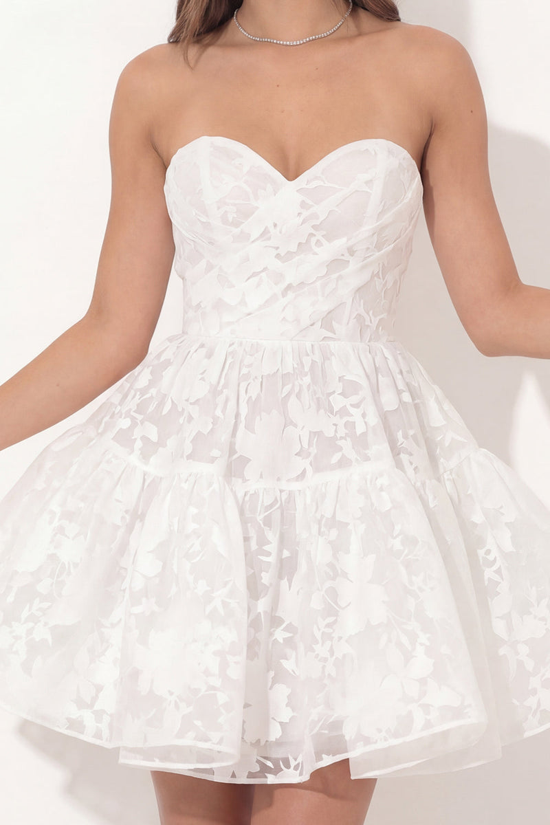 Load image into Gallery viewer, Sweetheart Corset A Line Ruched Floral Lace White Short Hen Do Dress