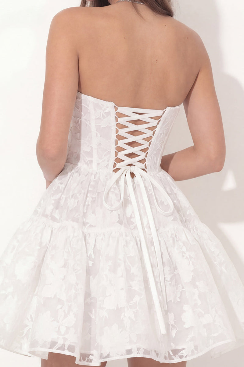 Load image into Gallery viewer, Sweetheart Corset A Line Ruched Floral Lace White Short Hen Do Dress