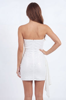 Strapless Sparkly White Sequin Tight Short Ruched Hen Do Dress with Sash