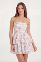 Load image into Gallery viewer, White Pink Flower Short Strapless A Line Hen Do Dress with Ruffles