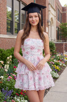 Load image into Gallery viewer, White Pink Flower Short Strapless A Line Hen Do Dress with Ruffles