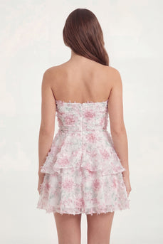 White Pink Flower Short Strapless A Line Hen Do Dress with Ruffles