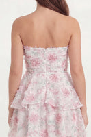 Load image into Gallery viewer, White Pink Flower Short Strapless A Line Hen Do Dress with Ruffles