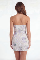 Load image into Gallery viewer, White Purple Flower Tight Keyhole Short Lace Strapless Hen Do Dress