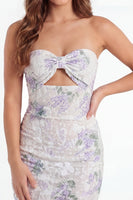 Load image into Gallery viewer, White Purple Flower Tight Keyhole Short Lace Strapless Hen Do Dress