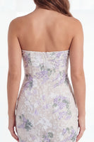 Load image into Gallery viewer, White Purple Flower Tight Keyhole Short Lace Strapless Hen Do Dress