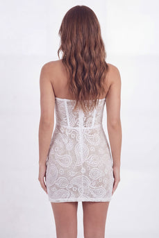 White Tight Short Lace Floral Corset Strapless Hen Do Dress