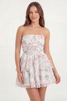 Load image into Gallery viewer, Short A Line White Pink Flower Strapless Lace Hen Do Dress with Ruffles