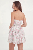 Load image into Gallery viewer, Short A Line White Pink Flower Strapless Lace Hen Do Dress with Ruffles
