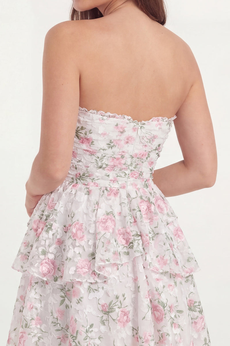 Load image into Gallery viewer, Short A Line White Pink Flower Strapless Lace Hen Do Dress with Ruffles