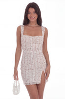 Load image into Gallery viewer, White Polka Dots Square Neck Floral Tight Short Hen Do Dress with Slit