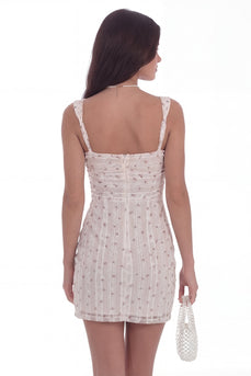 White Polka Dots Square Neck Floral Tight Short Hen Do Dress with Slit