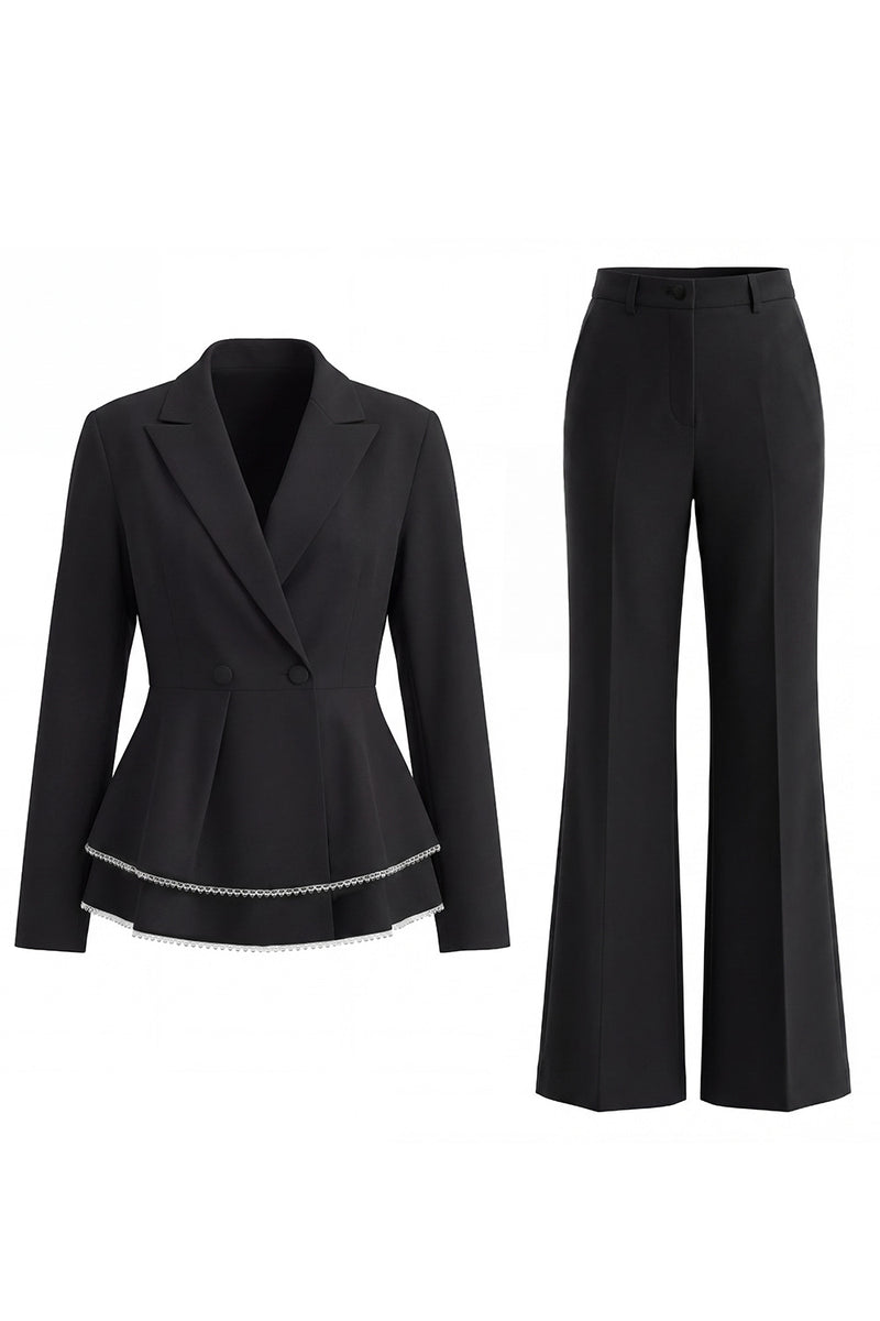 Load image into Gallery viewer, 2 Piece Notched Lapel Wide Leg Double Breasted Black Prom Suits with Ruffles