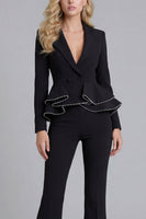 Load image into Gallery viewer, 2 Piece Notched Lapel Wide Leg Double Breasted Black Prom Suits with Ruffles