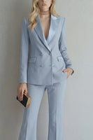 Load image into Gallery viewer, Peak Lapel Blue 2 Piece Double Breasted Wide Leg Prom Suits