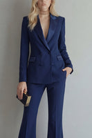 Load image into Gallery viewer, Peak Lapel Blue 2 Piece Double Breasted Wide Leg Prom Suits