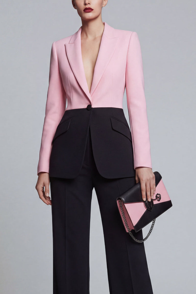 Load image into Gallery viewer, Peak Lapel Black Pink 2 Piece Single Breasted Wide Leg Patchwork Prom Suits