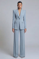 Load image into Gallery viewer, Peak Lapel 2 Piece Single Breasted Grey Blue Wide Leg Prom Suits