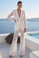 Load image into Gallery viewer, Single Breasted 2 Piece Floral Peak Lapel White Wide Leg Lace Prom Suits