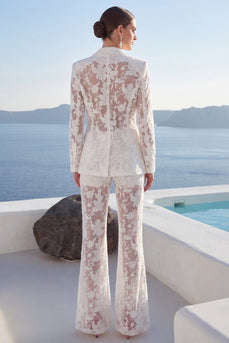 Single Breasted 2 Piece Floral Peak Lapel White Wide Leg Lace Prom Suits