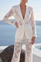 Load image into Gallery viewer, Single Breasted 2 Piece Floral Peak Lapel White Wide Leg Lace Prom Suits