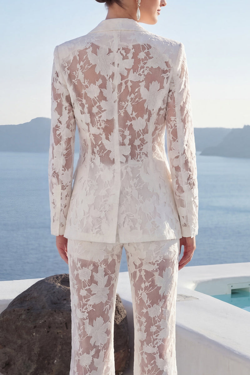 Load image into Gallery viewer, Single Breasted 2 Piece Floral Peak Lapel White Wide Leg Lace Prom Suits