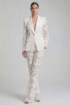 Floral 2 Piece Peak Lapel Single Breasted White Wide Leg Lace Prom Suits