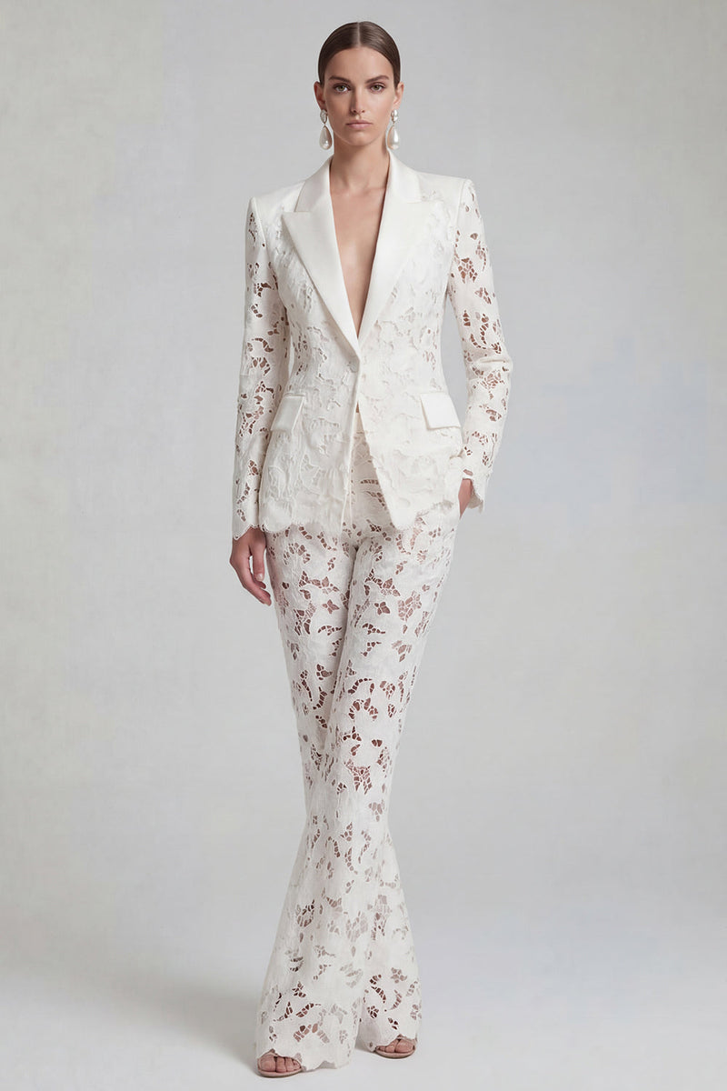 Load image into Gallery viewer, Floral 2 Piece Peak Lapel Single Breasted White Wide Leg Lace Prom Suits