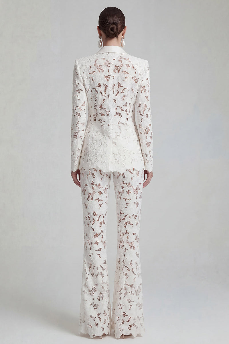 Load image into Gallery viewer, Floral 2 Piece Peak Lapel Single Breasted White Wide Leg Lace Prom Suits