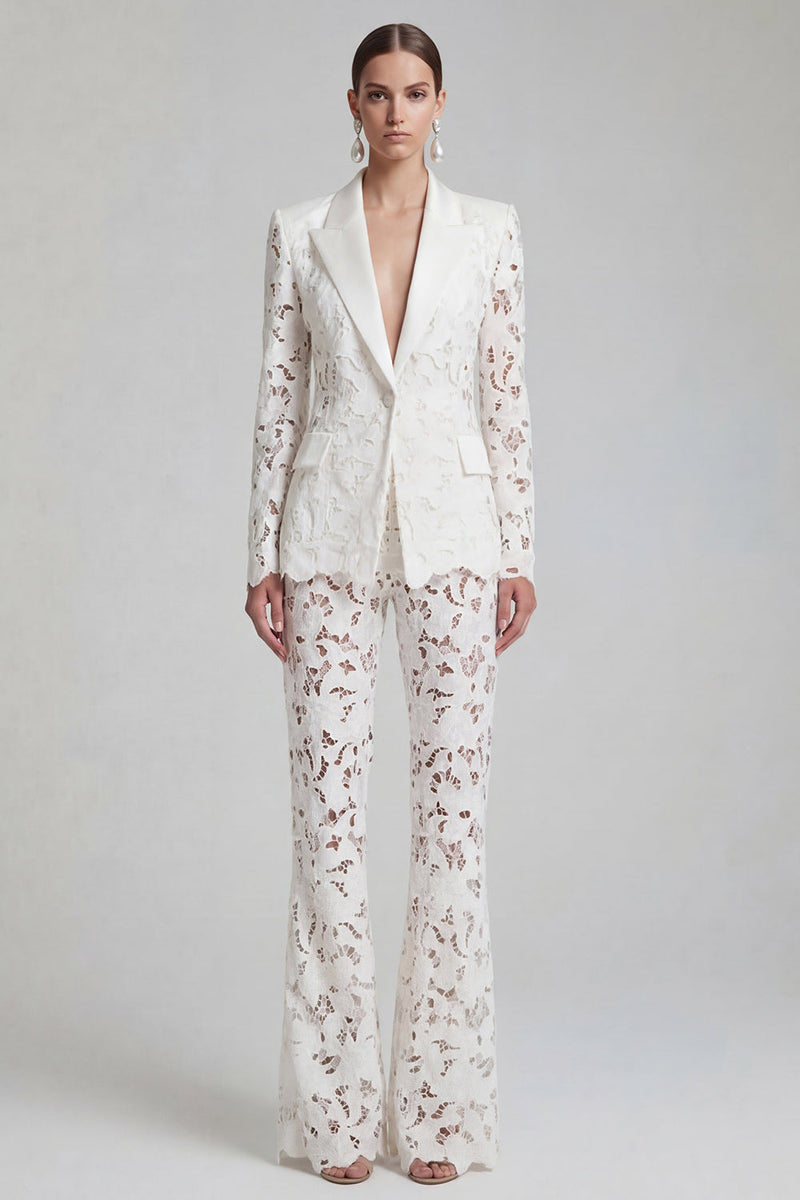 Load image into Gallery viewer, Floral 2 Piece Peak Lapel Single Breasted White Wide Leg Lace Prom Suits