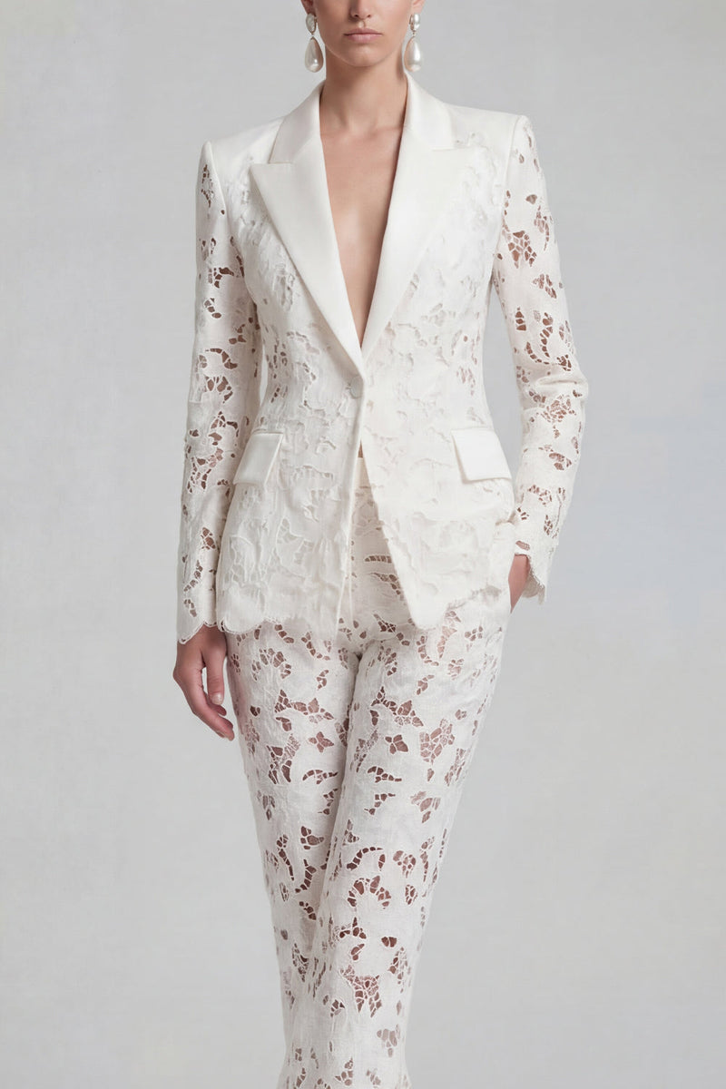 Load image into Gallery viewer, Floral 2 Piece Peak Lapel Single Breasted White Wide Leg Lace Prom Suits