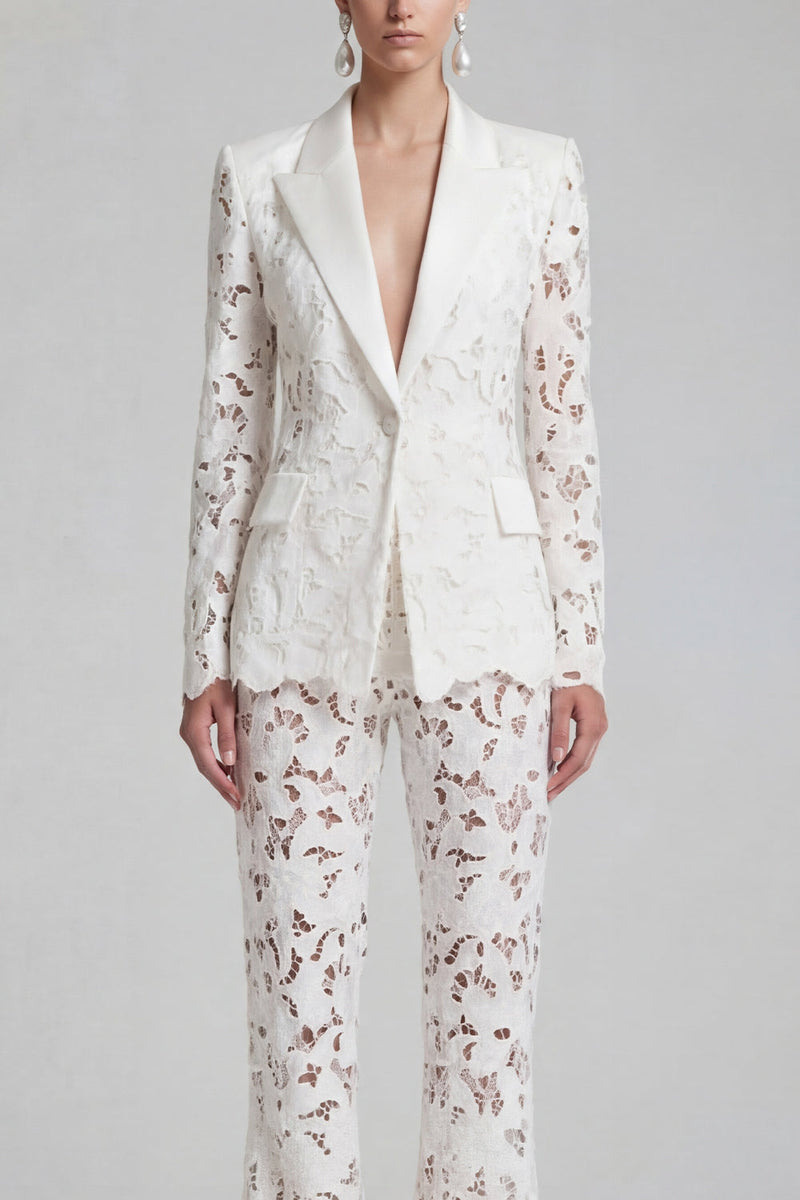 Load image into Gallery viewer, Floral 2 Piece Peak Lapel Single Breasted White Wide Leg Lace Prom Suits