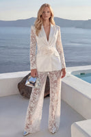 Load image into Gallery viewer, Floral 2 Piece White Peak Lapel Wide Leg Lace Prom Suits