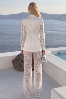Floral 2 Piece White Peak Lapel Wide Leg Lace Prom Suits
