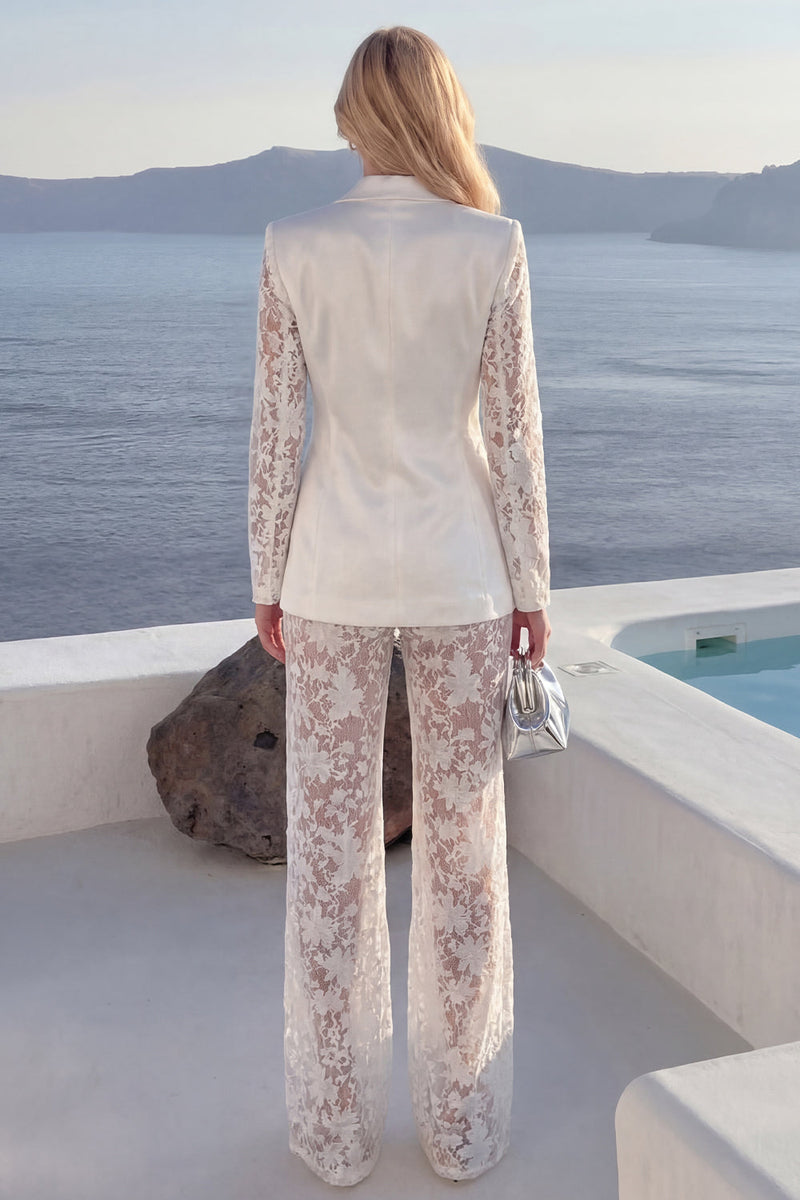 Load image into Gallery viewer, Floral 2 Piece White Peak Lapel Wide Leg Lace Prom Suits