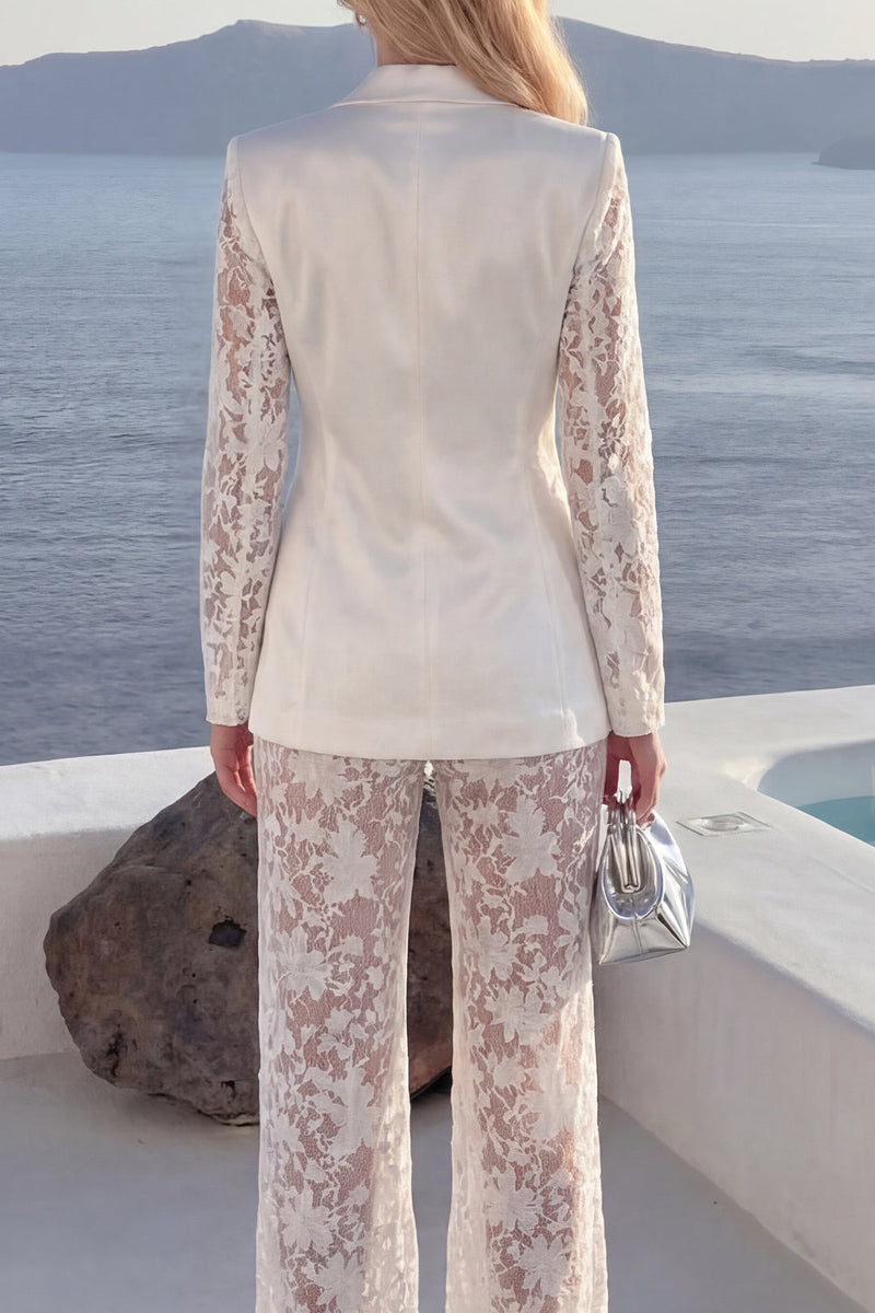 Load image into Gallery viewer, Floral 2 Piece White Peak Lapel Wide Leg Lace Prom Suits