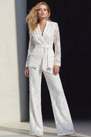 Load image into Gallery viewer, White Floral 2 Piece Wide Leg Notched Lapel Lace Prom Suits with Belt