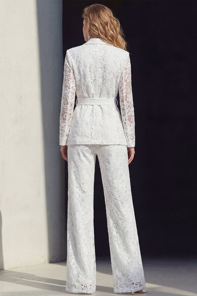 Load image into Gallery viewer, White Floral 2 Piece Wide Leg Notched Lapel Lace Prom Suits with Belt