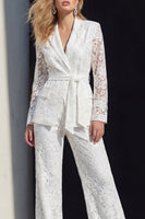 Load image into Gallery viewer, White Floral 2 Piece Wide Leg Notched Lapel Lace Prom Suits with Belt