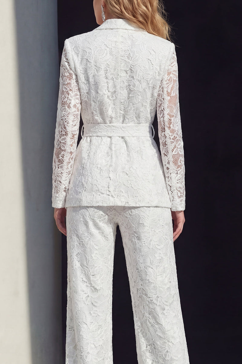 Load image into Gallery viewer, White Floral 2 Piece Wide Leg Notched Lapel Lace Prom Suits with Belt
