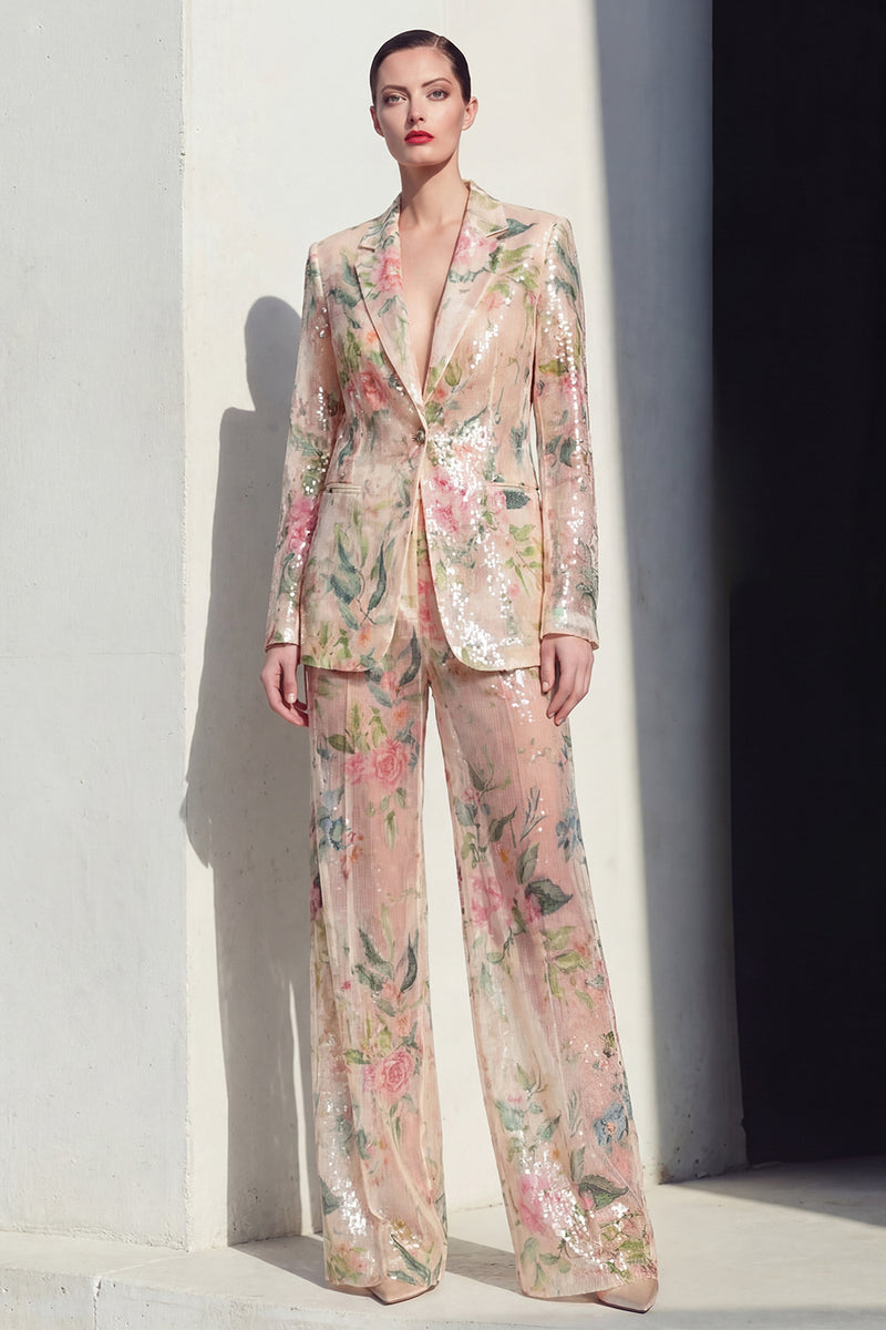 Load image into Gallery viewer, Champagne 2 Piece Floral Notched Lapel Single Breasted Wide Leg Prom Suits